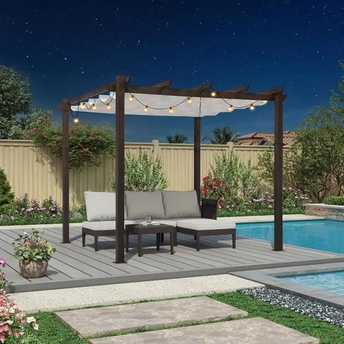 Miniatura 16 de PURPLE LEAF Pérgola Retráctil de 10' x 13' para Exteriores de Aluminio Blanco con Toldo de Sombra para Patio Refugio Moderno Marrón para Jardín