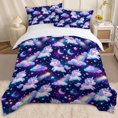 Miniatura 20 de BEDMUST Funda de edredón de unicornio tamaño individual, suave y lindo juego de ropa de cama de unicornio rosa con hojas de flores y pájaros azules