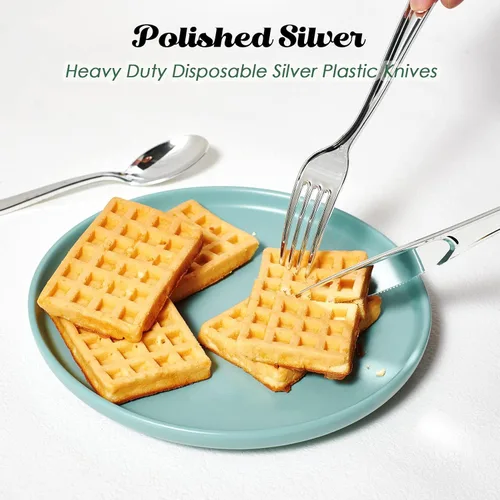 Miniatura 7 de FOCUSLINE Paquete de 300 cucharas desechables de plástico plateado de 6.8 pulgadas, cucharas de plástico sólido y duradero, cubiertos desechables