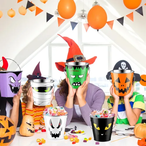 Miniatura 4 de Tioncy 6 cubos de calabaza de Halloween a granel de metal para trucos o golosinas, cubo de recuerdos de fiesta con asa, cubo pequeño de calabaza