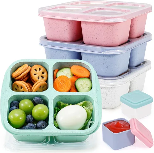 Miniatura 9 de Caperci Recipientes para aperitivos con 4 compartimentos (paquete de 4) con 2 tazas de salsa a prueba de fugas, recipientes divididos reutilizables