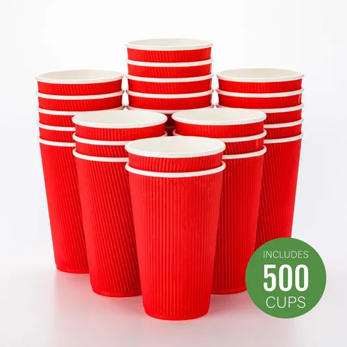 Miniatura 2 de Restaurantware Vasos de café desechables de pared ondulada de 16 onzas, 500 vasos de papel rojo aislados con diseño de borde enrollado, las tapas se