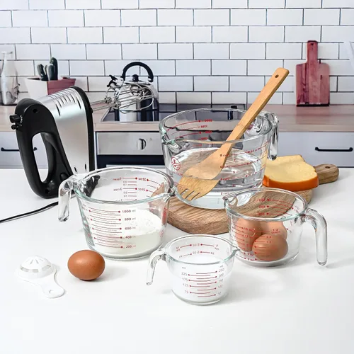 Miniatura 7 de Le’raze Juego de tazas medidoras de vidrio de 4 – Medidas de fácil lectura resistentes al calor, mango ergonómico y pico para verter, apto