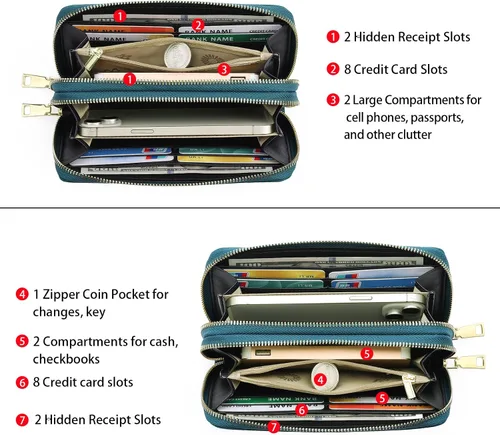 Miniatura 3 de GOIACII Cartera de mujer de gran capacidad con doble cremallera para mujer, soporte para teléfono con bloqueo RFID, correa de cuero, A02 Verde