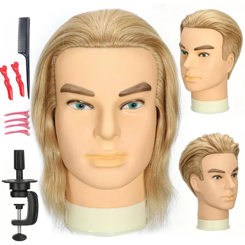 Miniatura 6 de Cabeza de maniquí masculino con barba, 100% cabello humano real, corte de pelo, cabeza de entrenamiento para cosmetología, cabello liso y grueso