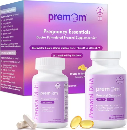 Premom Vitaminas prenatales para mujeres cápsulas y mini cápsulas blandas prenatales DHA, multivitamínico prenatal y suplemento mineral,