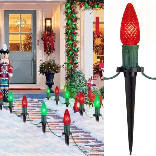 Miniatura 18 de Tira de luces LED estilo sendero de Navidad para exteriores; tira de 20 luces LED C9 con carcasa de fresa y estaca, interconectables, luz cálida