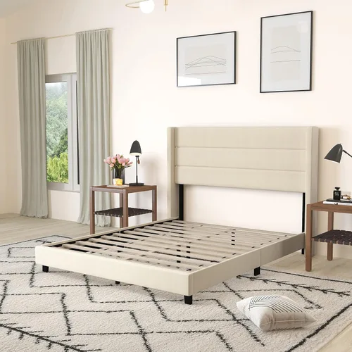 Miniatura 4 de Merrick Lane Percy - Cama de plataforma moderna, lino sintético beige, tamaño Queen, cabecero acolchado con respaldo con alas cosidas de canal
