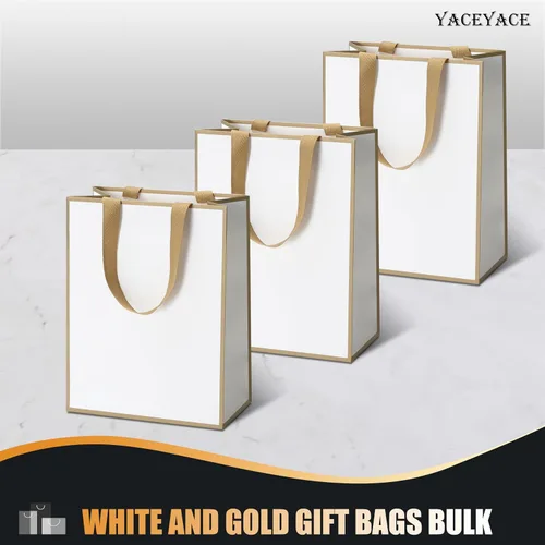 Miniatura 6 de Bolsas de regalo blancas con marco dorado, 20 unidades, 8 x 4.25 x 10.5 pulgadas, medianas y blancas y doradas, elegantes bolsas de regalo de lujo