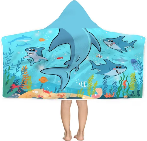 Bonsai Tree Toalla de playa con capucha de tiburón para niños, toalla de baño con capucha de peces marinos frescos para niños, divertidos animales