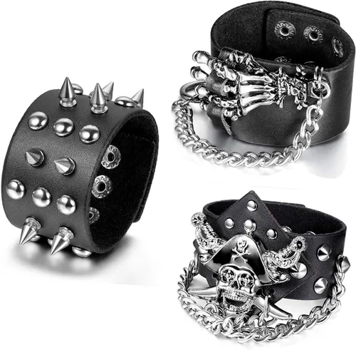 Aroncent 3 pulseras con tachuelas de pinchos: juego de pulseras de correa ancha para motociclista de rock, pulsera ajustable de cuero con pinchos,