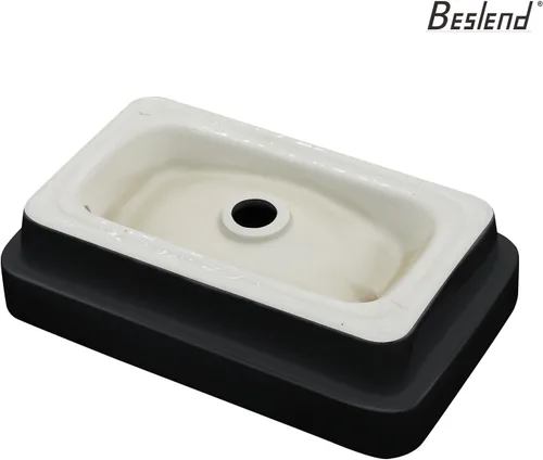 Miniatura 7 de Fregadero de baño de recipiente, semiempotrado, blanco y negro, 19 x 12 pulgadas, sobre encimera, fregaderos de cerámica rectangulares, encimera