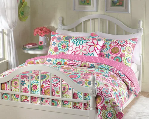 Miniatura 9 de Cozy Line Home Fashions Juego de ropa de cama reversible para niña, color rosa, verde, azul, naranja, colorido, floral, fantasía, colcha