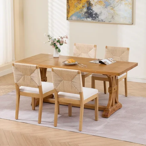 Miniatura 5 de Juego de 2 sillas de comedor de campo francés, sillas de comedor de madera de granja beige, silla de comedor con respaldo tejido con cojín tapizado