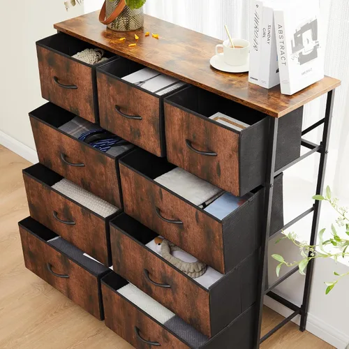 Miniatura 8 de DUMOS Cómoda para dormitorio, organizador de almacenamiento con 9 cajones, cómoda con cubos de tela, marco de metal resistente, mesa de madera