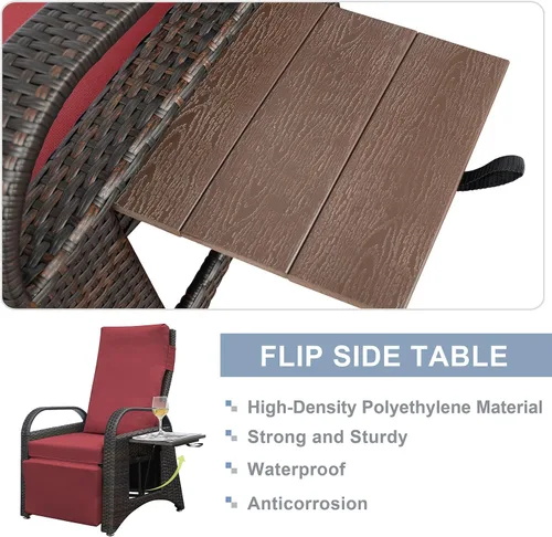 Miniatura 5 de Skypatio Silla reclinable de mimbre para exteriores con mesa auxiliar, respaldo ajustable independientemente y reposapiés, silla reclinable para Rojo