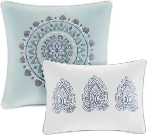Miniatura 16 de Madison Park Juego de temporada, falda de cama a juego, almohadas decorativas, Queen (90 x 90 pulgadas), Isla, medallón floral azul, 8 piezas