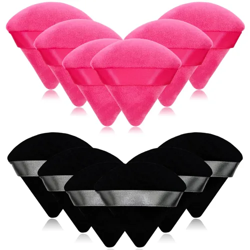 Miniatura 20 de 12 bolsas de polvo cosmético rosa, 2.76 pulgadas, portátil, suave, esponja, para la cara, soplo de terciopelo triangular con asa de cinta para polvo