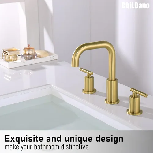 Miniatura 5 de ChiLDano Grifo de Baño Dorado con Desagüe y Manguera de Suministro, 2 Manijas Grifo de Baño Extendido Oro Cepillado para Lavabo de 3 Orificios