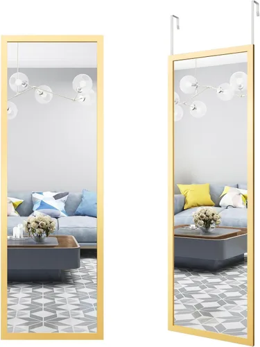whitebeach Espejo de puerta colgante, espejo de cuerpo completo de pared de longitud completa 44"x16" dorado montado en la pared sobre la puerta del