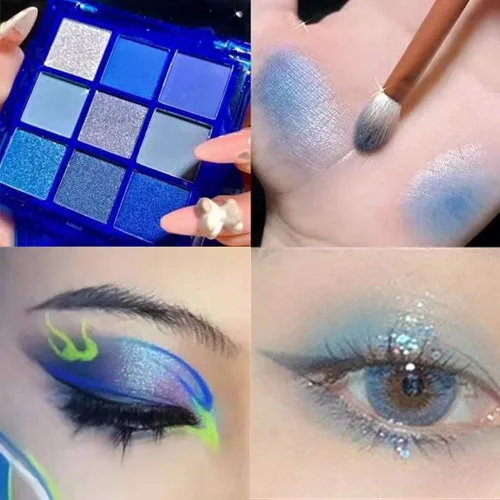 Miniatura 5 de Go Ho Paleta de sombra de ojos de maquillaje en polvo azul, gris y blanco, 9 estilos, diseño mate y perla brillante, impermeable, paleta de sombra