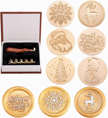 Miniatura 13 de Juego de sellos de cera Yoption, 6 sellos de cera de cobre + 1 kit de sellos de cera de madera vintage retro clásico, kit de sello de cera