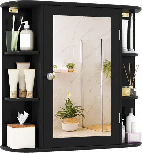 Tangkula Botiquín de baño con espejo, almacenamiento para el hogar montado en la pared con puerta y 6 estantes abiertos, estantes ajustables, Negro