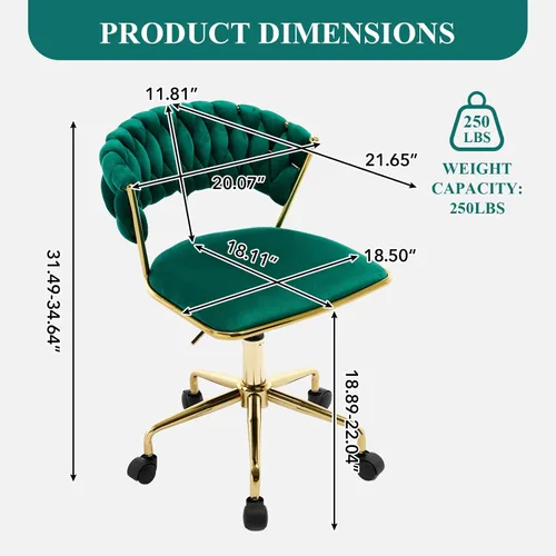 Miniatura 2 de NIOIIKIT Silla de oficina en casa, silla tapizada de terciopelo con respaldo abierto tejido, silla de escritorio giratoria de 360° con ruedas, silla