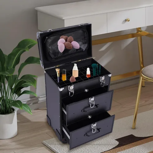 Miniatura 3 de Estuche de maquillaje con ruedas para cosméticos, carrito grande para cosméticos con cerraduras, organizador de almacenamiento de cosméticos, Negro