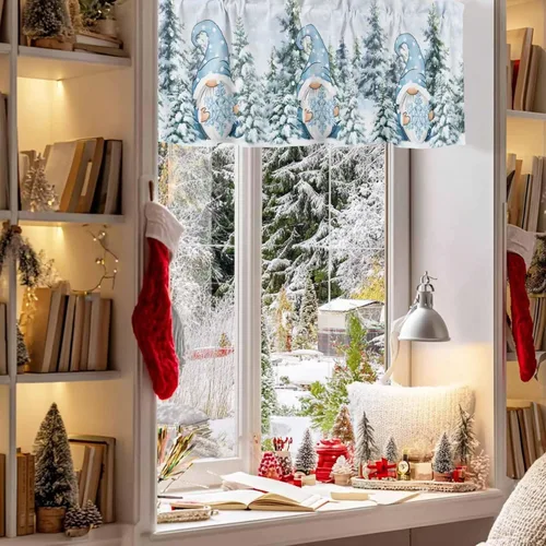Miniatura 3 de Cenefas de gnomo de invierno para cocina, cafetería, cenefa de ventana de pino nevado de Navidad, cortinas cortas de copo de nieve azul, 60 x 18