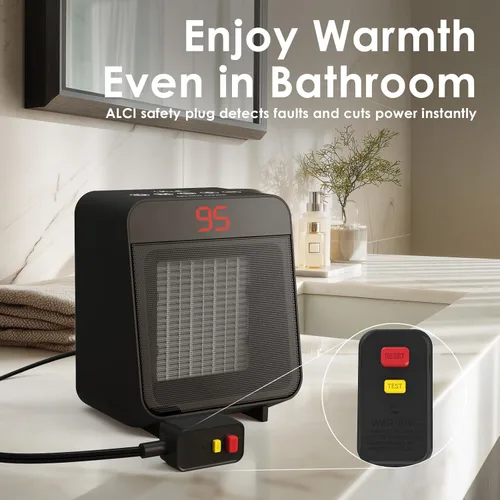 Miniatura 2 de Reaks PTC - Calentador de espacio de cerámica con enchufe de seguridad ALCI para baño e interior, calentador eléctrico de 1500 W con termostato Negro