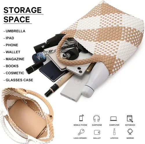 Miniatura 4 de Bolso tejido para mujer, bolso tote de cuero vegano grande para verano, playa, viaje, bolso de mano y cartera retro hecho a mano, bolso de hombro