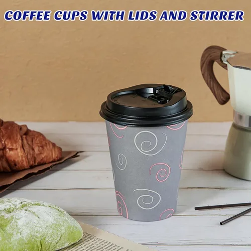 Miniatura 6 de TV TOPVALUE Paquete de 100 vasos de papel de 12 onzas, tazas de café desechables con tapas y pajitas para agua potable, té, utilizado para el hogar