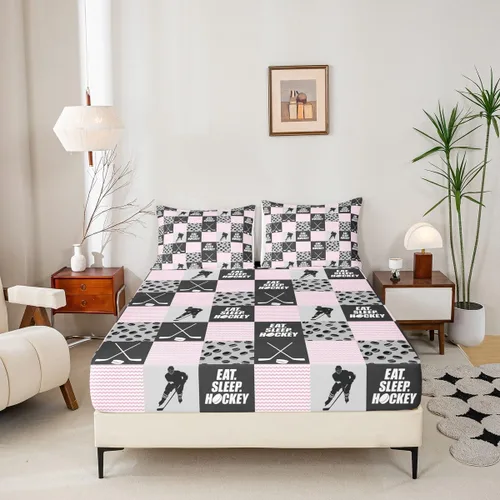 Miniatura 2 de Sábana bajera ajustable de hockey sobre hielo, tamaño individual, para adolescentes y niñas, juego de ropa de cama de hockey para decoración de sala