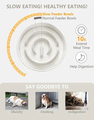 Miniatura 3 de Cuencos de cerámica para perros de alimentación lenta, 2.0 tazas de comedero lento para perros medianos y grandes, cuenco de laberinto de Blanco