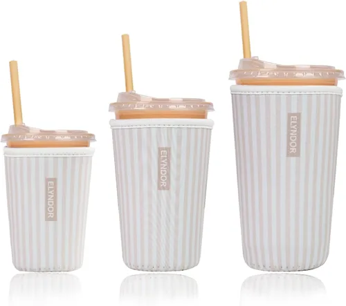 Miniatura 55 de Funda aislante reutilizable para taza de café helado, paquete de 3 fundas de neopreno para bebidas frías y calientes, soporte para bebidas para café