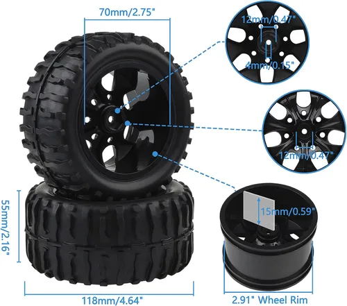 Miniatura 2 de Neumáticos y ruedas RC 1/10, 4 piezas, 0.472 in hexagonal de 2.8 pulgadas, juego de neumáticos todoterreno para Traxxas Rustler Stampede Slash