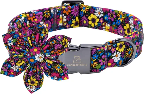 Miniatura 20 de Collar de perro Lionheart Glory, collar de perro rosa con flor, lindo collar para mascotas con patrón floral ajustable para perros pequeños Rosado