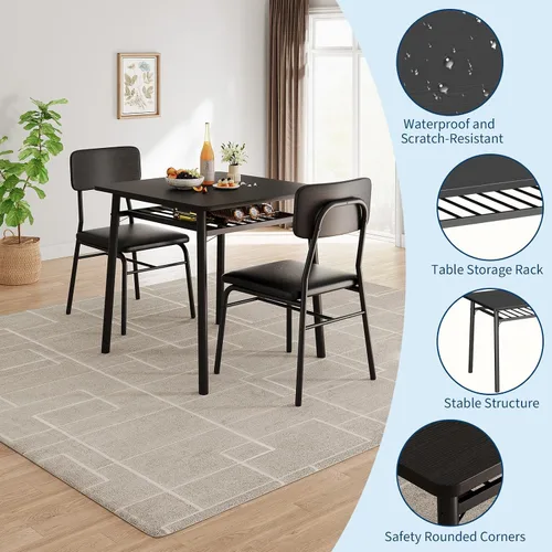 Miniatura 3 de IDEALHOUSE Juego de mesa de comedor de 3 piezas para 2 con estante de almacenamiento, mesa de cocina de madera con juego de 2 sillas tapizadas
