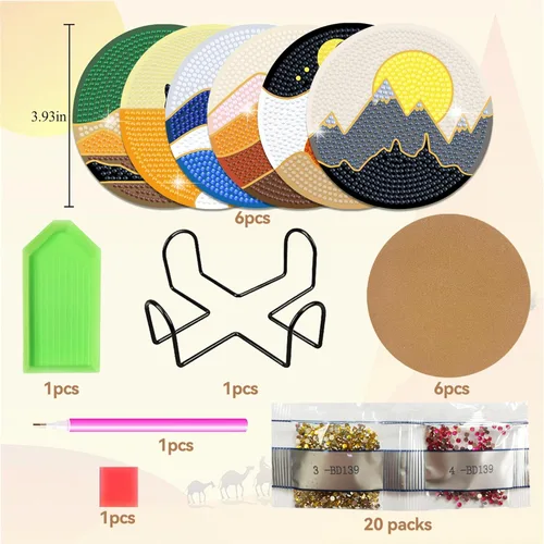 Miniatura 5 de Vcekract Posavasos de Pintura de Diamante, Juego de 6 Posavasos de Pintura de Diamante de Paisaje Abstracto con Soporte, Kits de Arte de Diamante