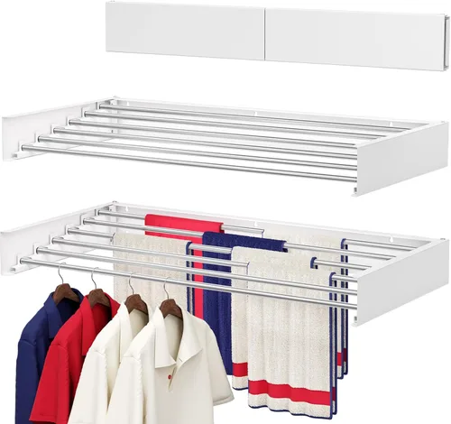 Miniatura 10 de Estante de secado montado en la pared de 31.5", estante de secado de ropa plegable con varillas de acero inoxidable, estante de secado retráctil