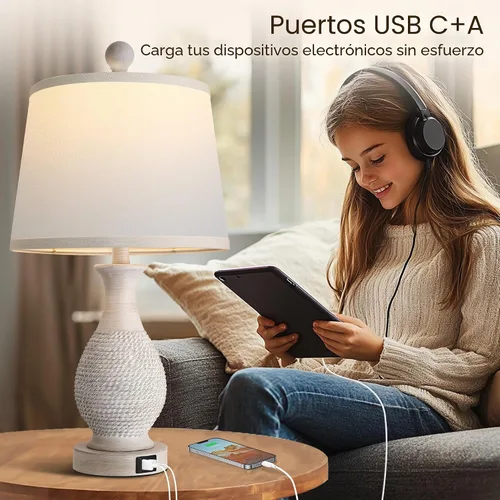 Miniatura 4 de PARTPHONER Juego de 2 lámparas de mesa tradicionales, lámpara táctil de cabecera con puertos de carga USB C+A, lámparas de mesa rústicas