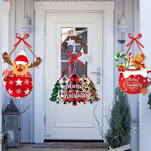 Miniatura 4 de Cartel de Navidad para puerta delantera de porche, decoración de Navidad en rojo y verde, carteles de papel para fiesta, carteles, árboles, alces