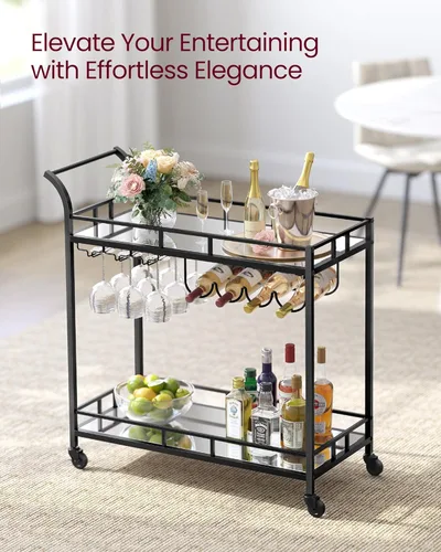 Miniatura 3 de VASAGLE Carrito de bar negro, carrito de servicio para bar en casa, carrito de vino con 2 estantes espejados, soportes para vino, soportes