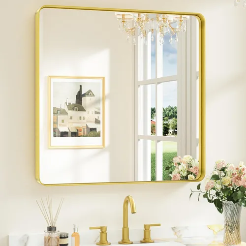 Miniatura 53 de Keonjinn Espejos de baño negros para sobre el fregadero, espejos cuadrados grandes de 36 x 36 pulgadas para pared, espejo rectangular redondeado