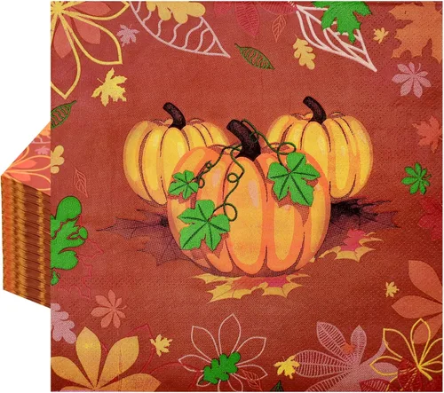 Paquete de 40 servilletas de papel para el día de Acción de Gracias, 13 x 13 pulgadas, servilletas desechables de calabaza, vajilla de almuerzo,