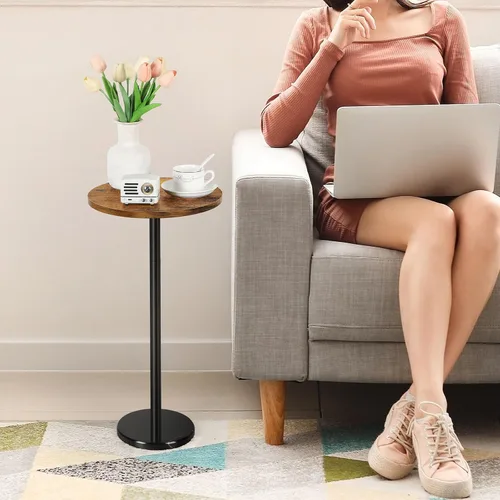 Miniatura 6 de OYEAL Mesa auxiliar para bebidas, pequeña mesa de cóctel redonda para patio, mesa auxiliar de pedestal al aire libre, mesa auxiliar con base de Negro
