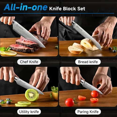 Miniatura 6 de Sunnecko Juego de cuchillos con bloque y afilador, juego de bloque de cuchillos de cocina de 15 piezas, cuchillos de cocina afilados, acero Negro