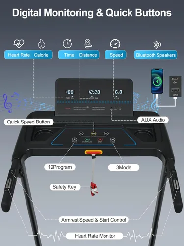 Miniatura 4 de Merax Cinta de correr con 8% de inclinación, cintas de correr plegables de 3.0 HP para el hogar, almohadilla para caminar de 10 MPH con barra