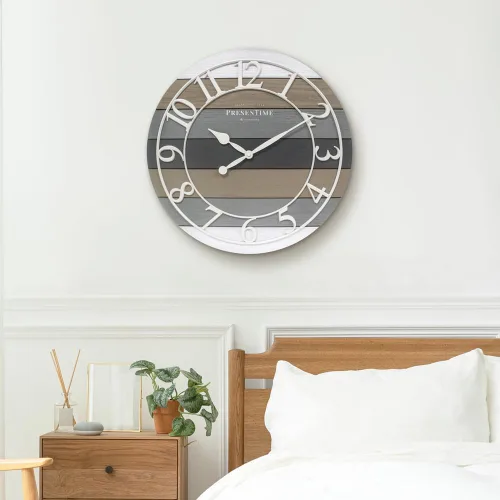 Miniatura 8 de Presentime & Co Reloj de pared moderno de granja con diseño shiplap, de 19.5 pulgadas, números arábicos blancos con estilo shiplap de veta de madera